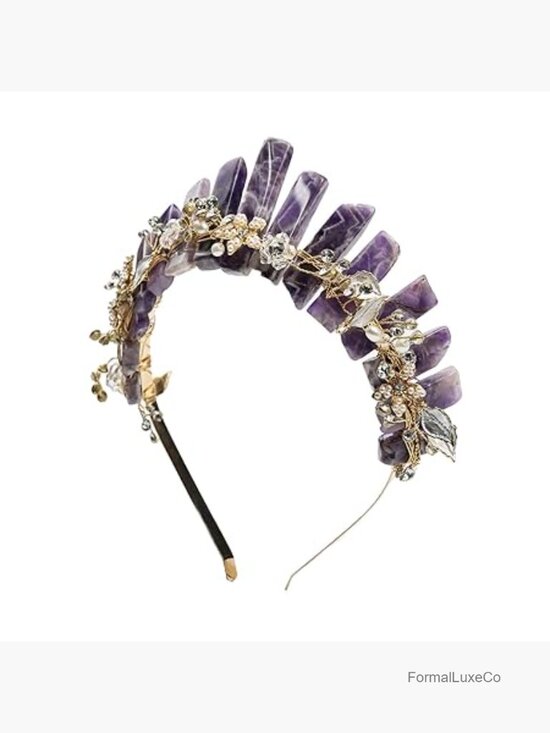 Raw Crystal Amethyst Headband with Pearl Flower Bridal Tiara Crown Headpiece